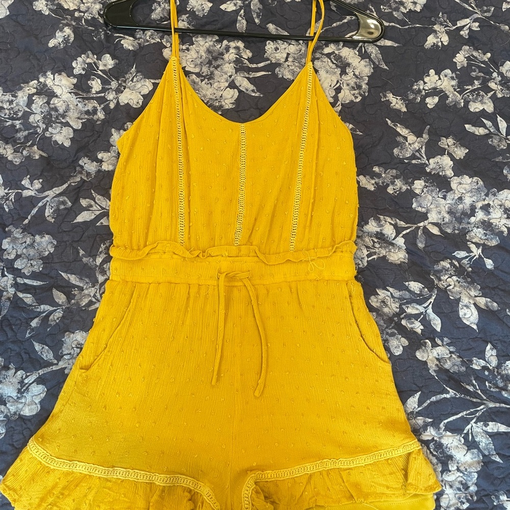 Yellow One Piece Romper with Spaghetti Straps, Ruffled Hem and Pockets